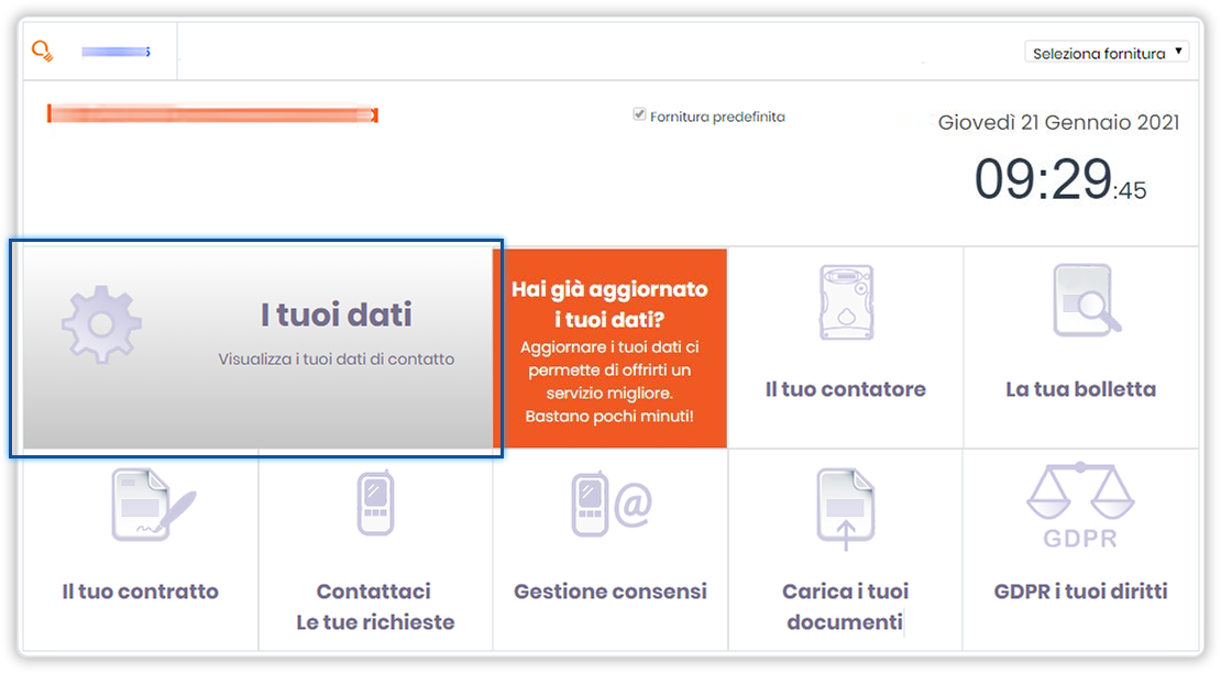 Sezione "I tuoi dati". Schermata di homepage dell'area clienti. In evidenza il link "I tuoi dati"