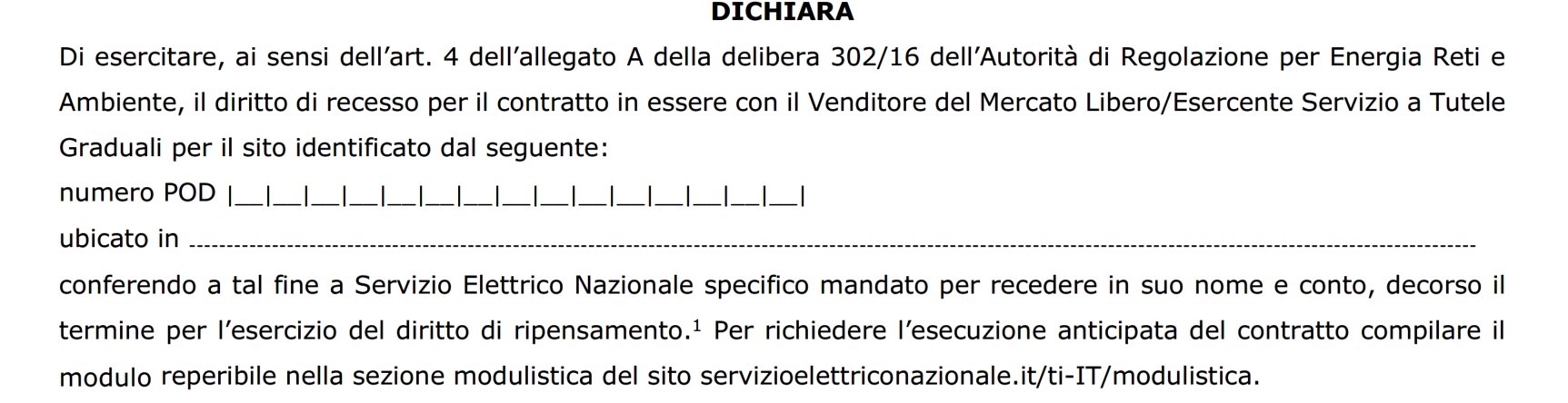 Immagine del modulo che riporta la parte relativa al conferimento a SEN del mandato di recesso verso il vecchio fornitore.