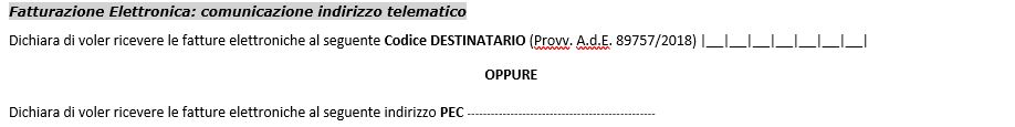 Paragrafo sul modulo di adesione relativo alla fatturazione elettronica dove si chiede di inserire il codice destinatario