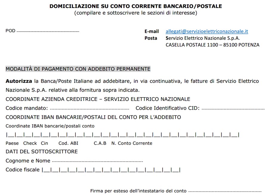 Schermata della parte del modulo riservata alla richiesta di domiciliazione bancaria o postale della fornitura.