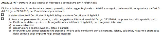 L'immagine del modulo di adesione riguarda l'inserimento dei dati dell'Agibilità solo per la regione Veneto.