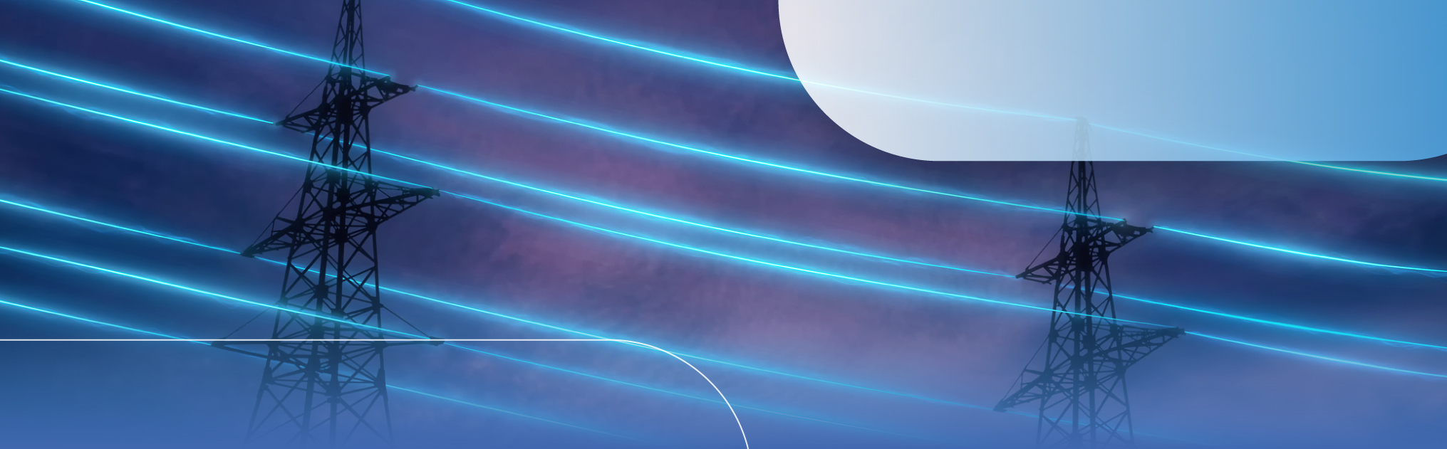 Immagine di tralicci elettrici con linee luminose che simboleggiano la trasmissione dell'energia con elementi grafici arrotondati.