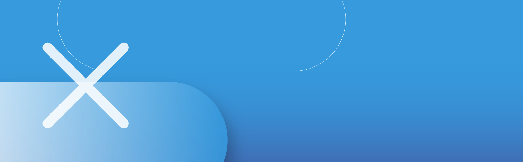 Immagine bianca di una x su sfondo blu con elementi grafici arrotondati.