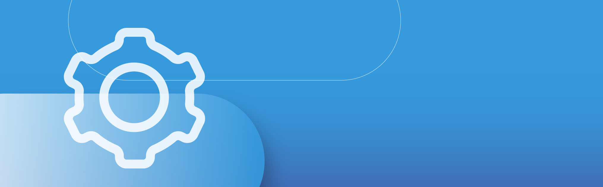 Icona stilizzata bianca di un ingranaggio su sfondo blu con elementi grafici arrotondati.