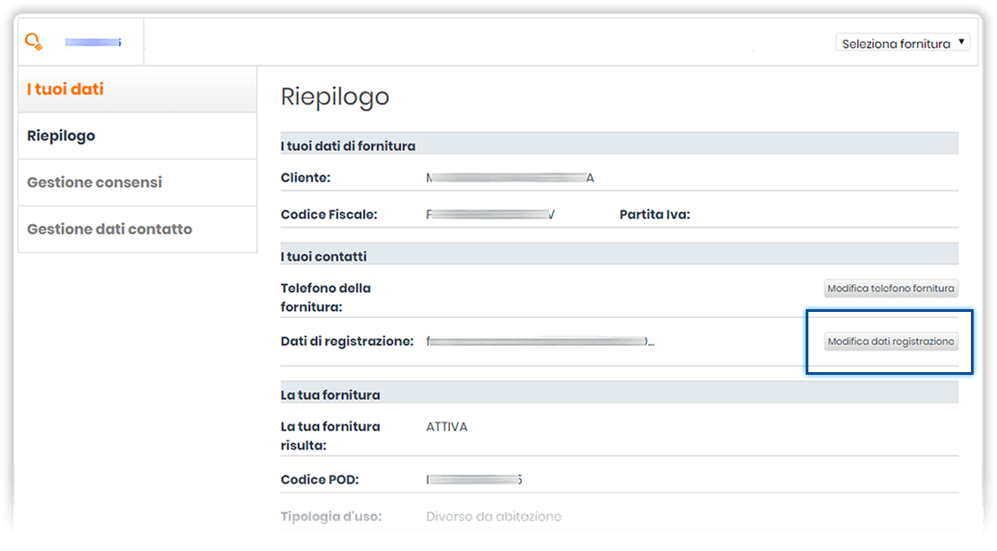 Sezione "I tuoi dati". Schermata sezione "Riepilogo". In evidenza il pulsante "Modifica dati registrazione".