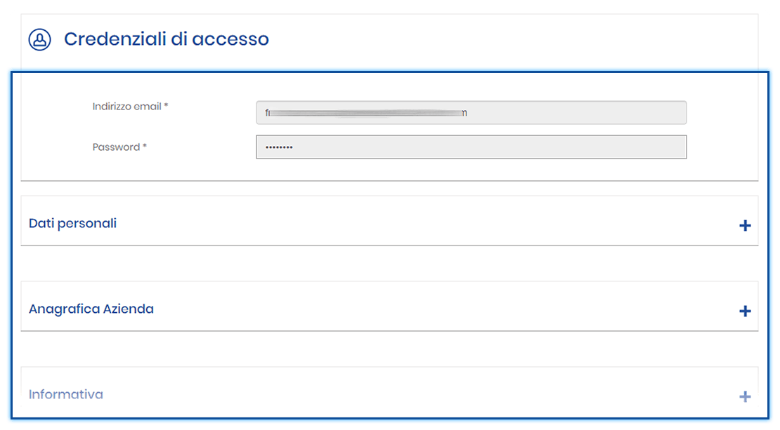 Schermata del sistema di aggiornamento delle credenziali di accesso. In evidenza il form con i campi precompilati indirizzo email e password e le sezioni chiuse Dati personali e Anagrafica azienda.