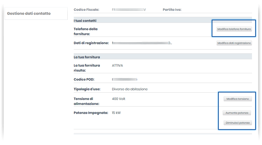 Sezione "I tuoi dati". Schermata sezione "Riepilogo". In evidenza i pulsanti "Modifica telefono fornitura", "Modifica tensione", "Aumenta potenza", "Diminuisci potenza"