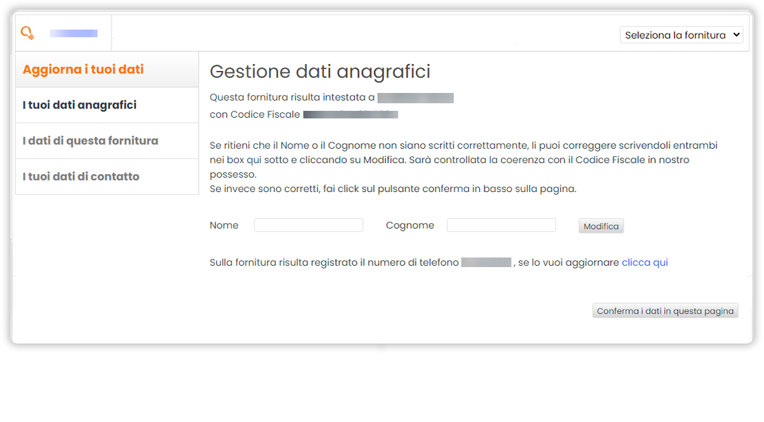 Sezione "I tuoi dati anagrafici". Schermata di homepage dell'area clienti. Sezione aperta "I tuoi dati anagrafici"