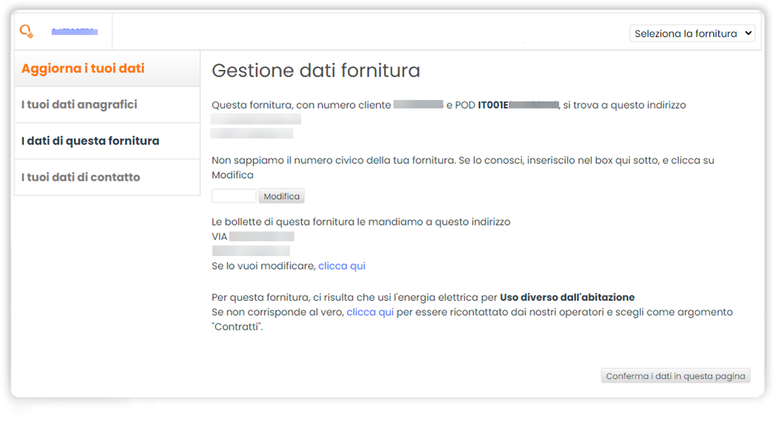 Sezione "Hai già aggiornato i tuoi dati?". Schermata sezione "Aggiorna i tuoi dati". Sezione aperta "I dati di questa fornitura"