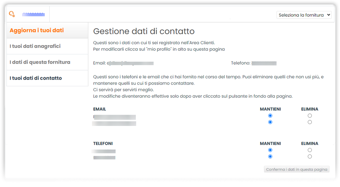 Sezione "Hai già aggiornato i tuoi dati?". Schermata sezione "Aggiorna i tuoi dati". Sezione aperta "I tuoi dati di contatto"