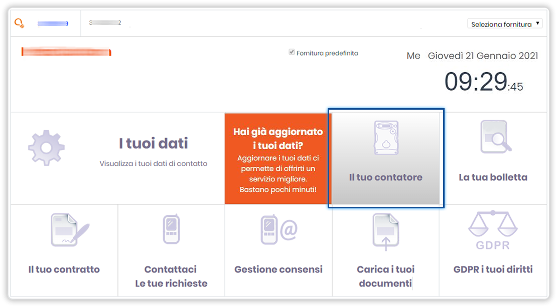 Sezione "Il tuo contatore". Schermata di homepage dell'area clienti. In evidenza il pulsante "Il tuo contatore"