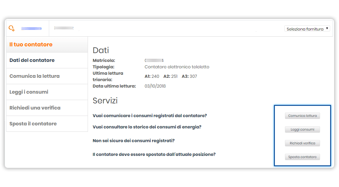 Sezione "Il tuo contatore". Schermata dell'homepage della sezione. In evidenza i pulsanti "Comunica lettura", "Leggi i consumi", "Richiedi verifica", "Sposta contatore"