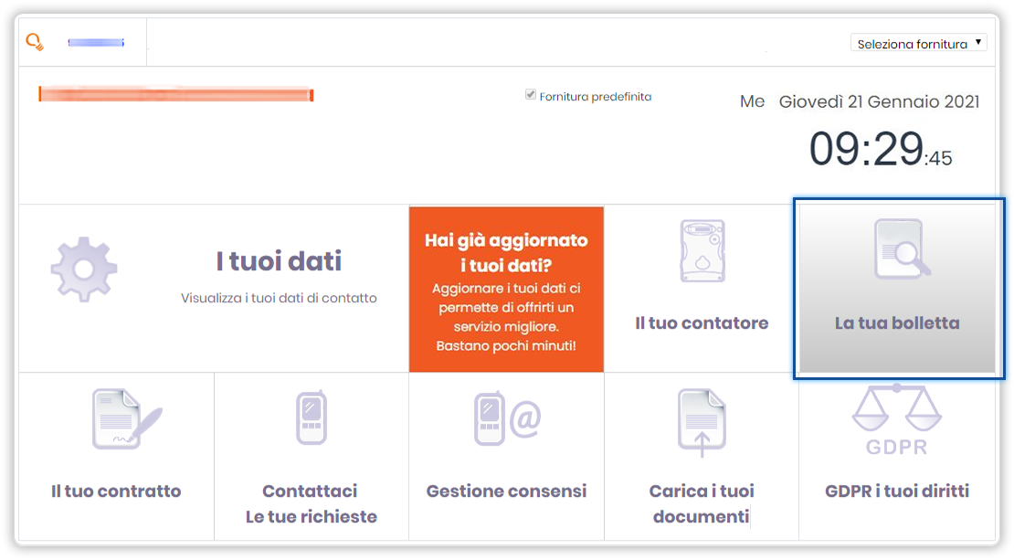 Sezione "La tua bolletta". Schermata di homepage dell'area clienti. In evidenza il pulsante "La tua bolletta"