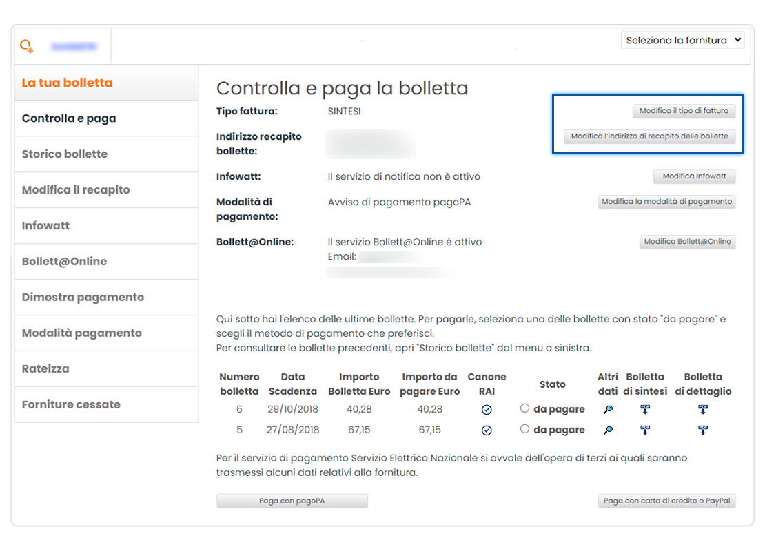 Sezione “La tua bolletta”. Schermata della sezione “Controlla e paga la bolletta”.
														In evidenza i link “Modifica il tipo di fattura” e “Modifica l’indirizzo di recapito delle bollette”