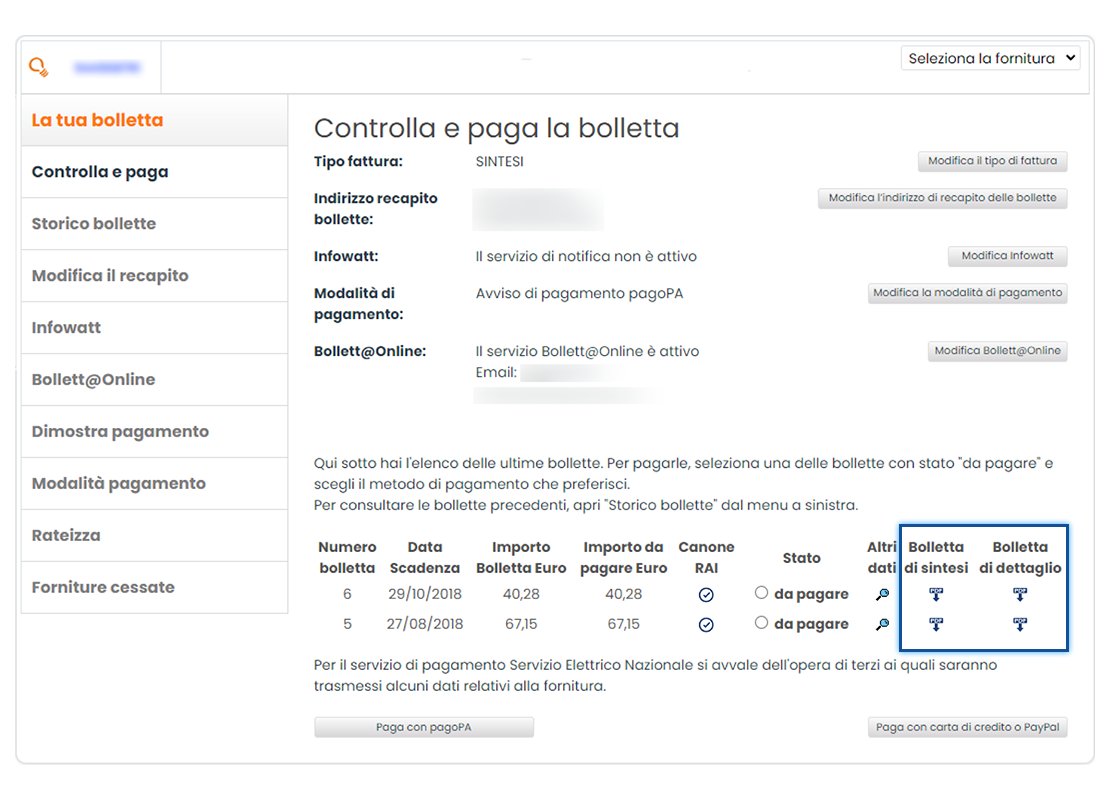 Sezione "La tua bolletta". Schermata della sezione "Controlla la bolletta" (homepage di sezione). In evidenza i pulsanti di download della bolletta di sintesi e della bolletta di dettaglio.