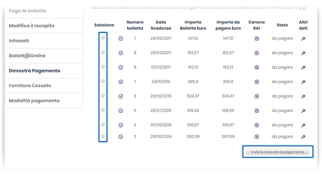 Sezione "La tua bolletta". Schermata della sezione "Dimostra pagamento". In evidenza i radio-button di selezione delle bollette di cui dimostrare il pagamento e il pulsante "Invia le ricevute di pagamento".