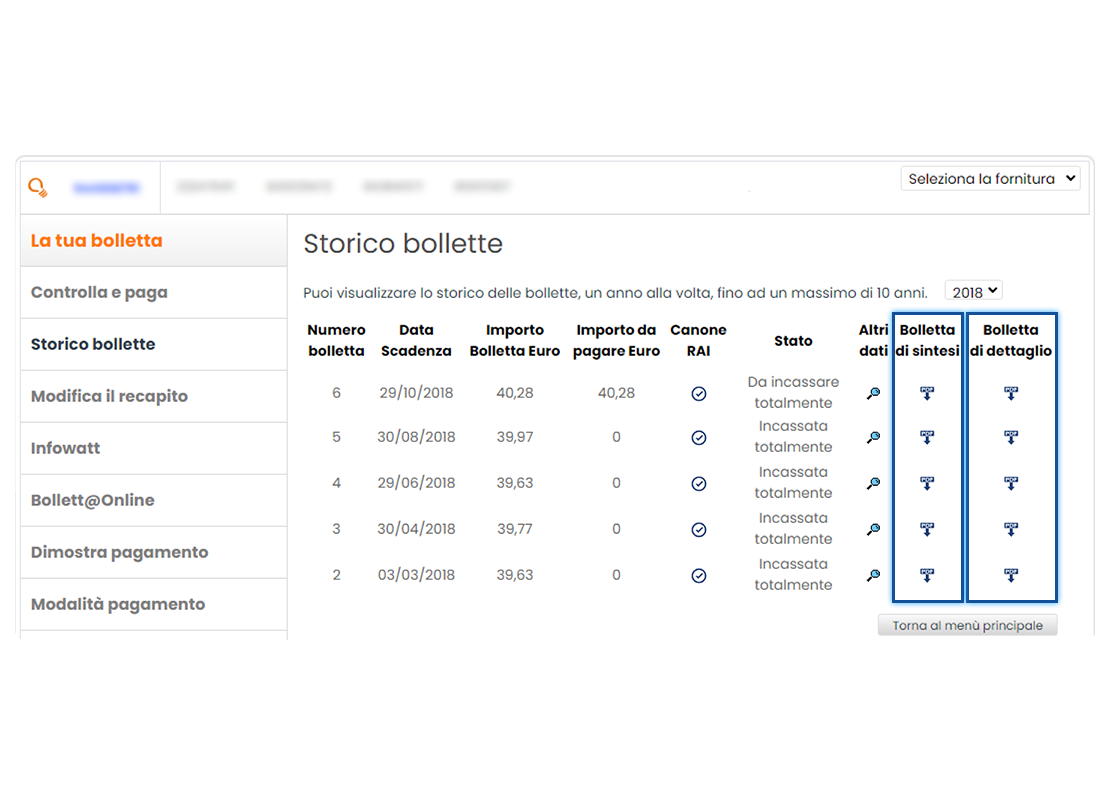 Sezione “La tua bolletta”. Schermata della sezione “Storico bollette”. In evidenza i link per scaricare la “Bolletta di sintesi” e la “Bolletta di dettaglio”.