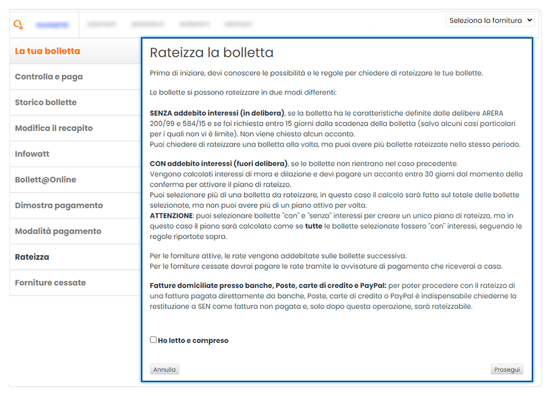 Sezione “La tua bolletta”. Schermata della sezione “Rateizza”. In evidenza testo relativo a tutte le possibilità e regole per chiedere rateizzazione delle bollette.