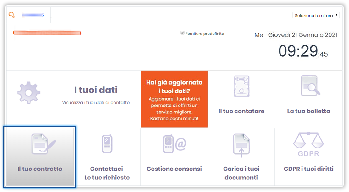 Sezione "Il tuo contratto". Schermata di homepage dell'area clienti. In evidenza il pulsante "Il tuo contratto"