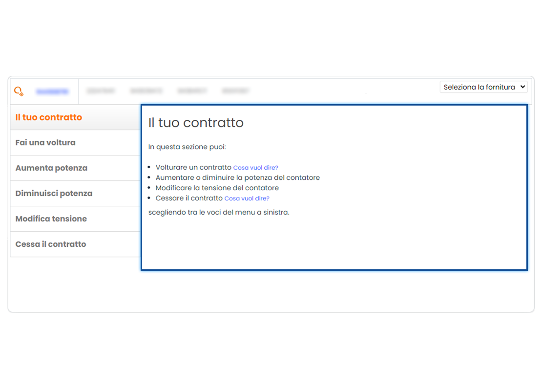 Sezione “Il tuo contratto”. In evidenza l’elenco puntato delle azioni che si possono fare nella sezione “Il tuo contratto”.