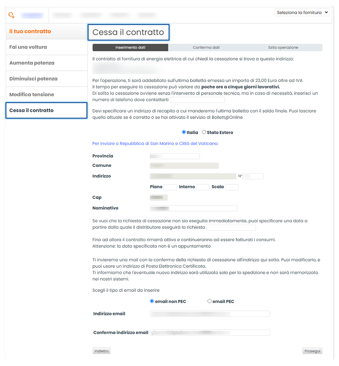 Sezione “Il tuo contratto”. Schermata della sezione “Cessa il contratto”. In evidenza il titolo della sezione “Cessa il contratto” posto sopra a un esempio di modulo da compilare per cessare il contratto.