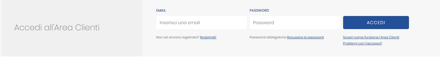 Sezione "Accedi all’Area Clienti". Schermata di login dell’Area clienti. Campo per inserire email e password. Pulsante "Accedi".