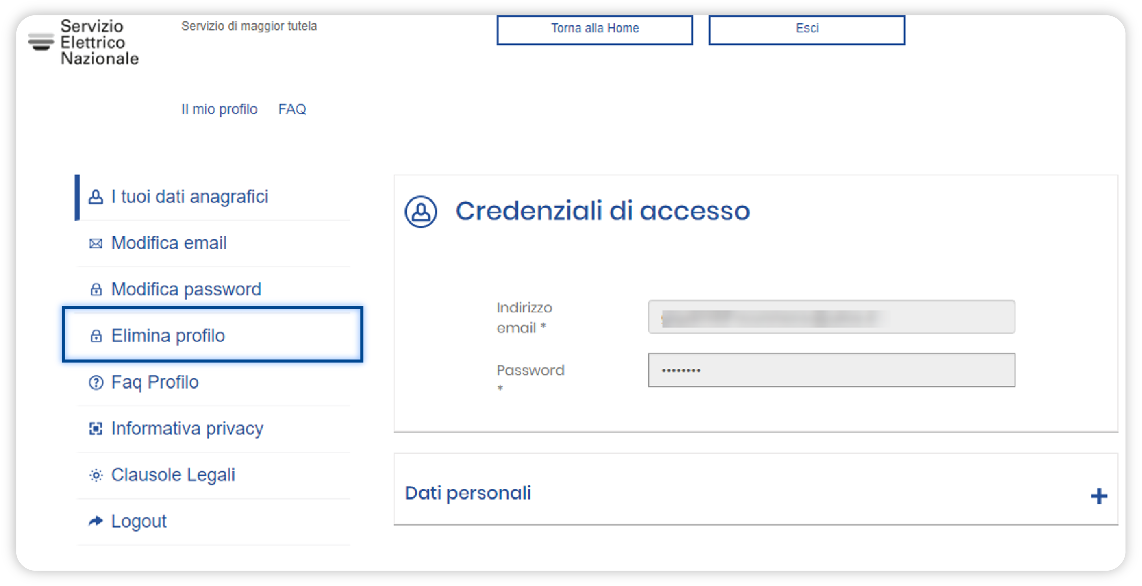 Sezione "Il mio profilo". Schermata della sezione "Elimina il profilo", in evidenza il titolo. Pannello "Credenziali di accesso" posto sopra ai campi per inserire i dati di accesso.