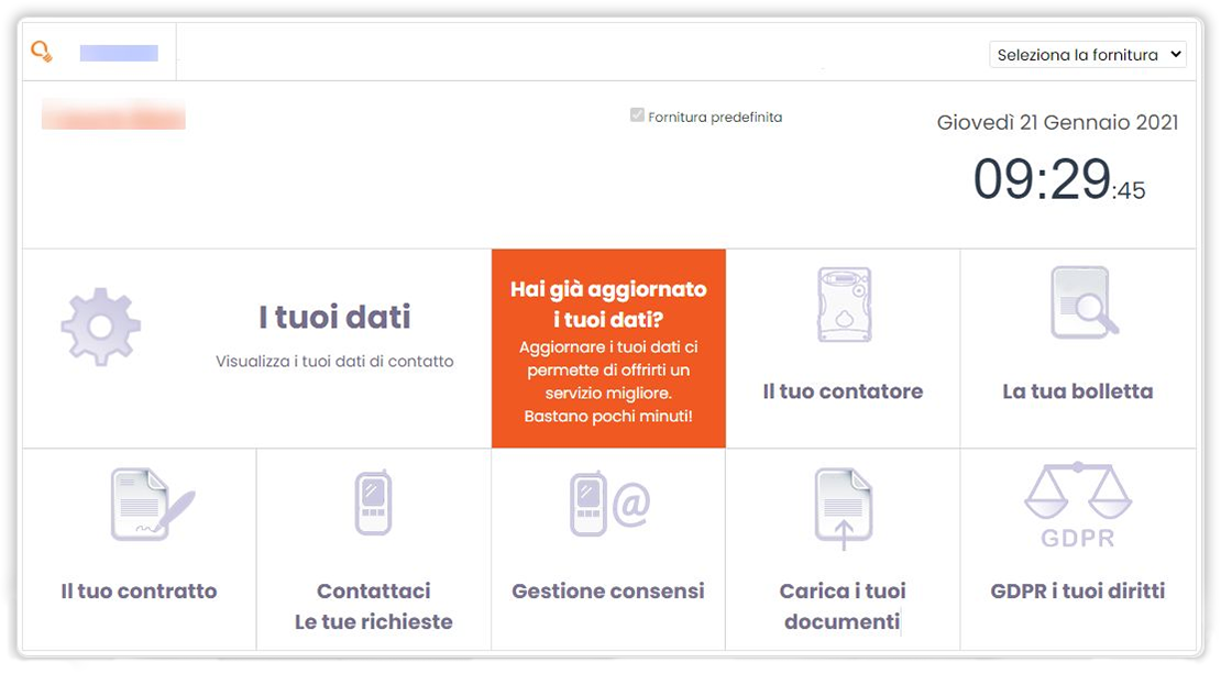 Schermata che riproduce l'homepage dell'area clienti. Le 9 sezioni dell'area sono in evidenza e sono cliccabili attraverso pulsanti. Cliccando su ciascun pulsante si apre il relativo box informativo che illustra quali informazioni sono contenute nella sezione e quali operazioni sono consentite.