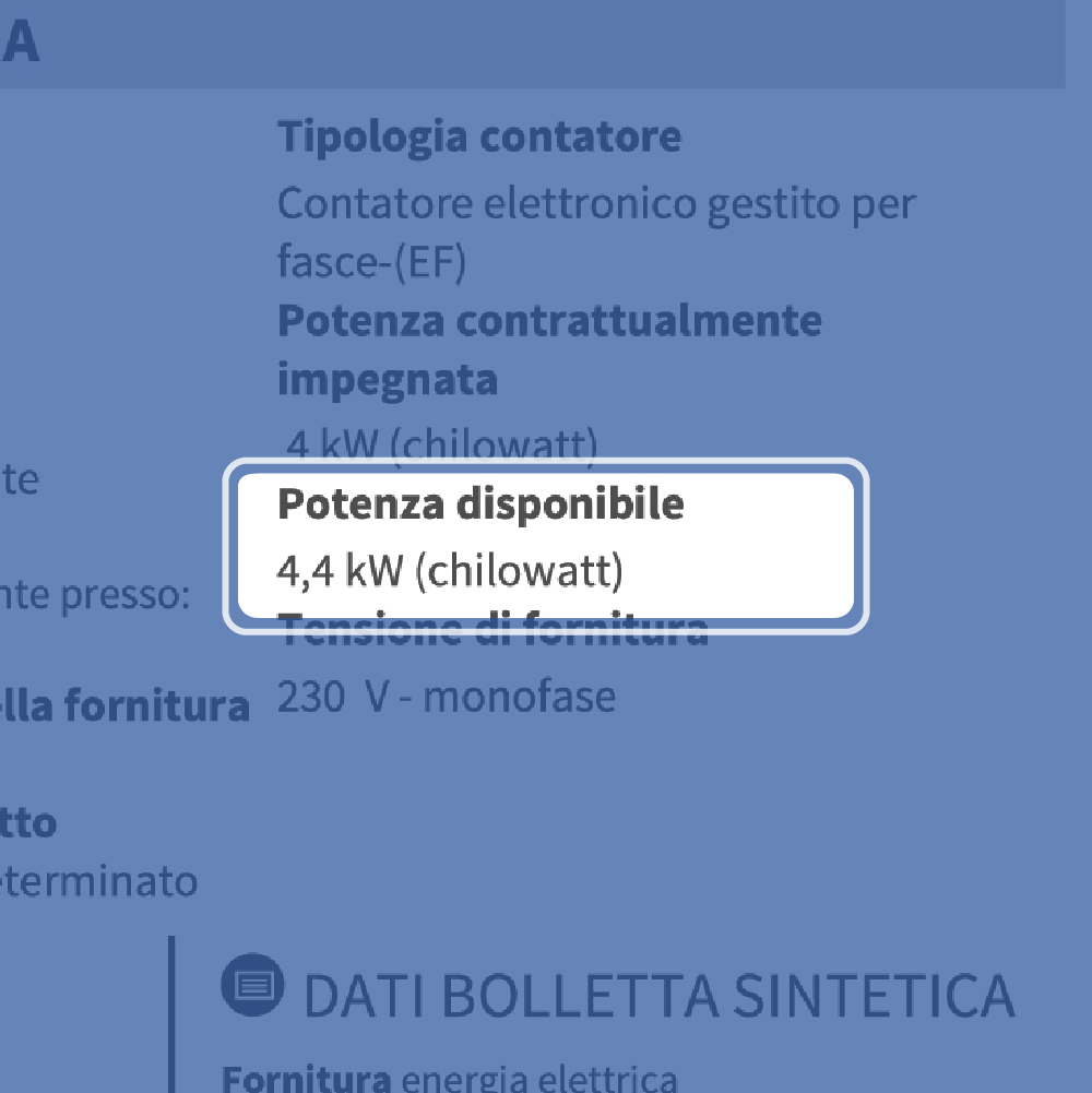 Immagine che raffigura la prima pagina della bolletta, con evidenziato il campo Potenza disponibile
