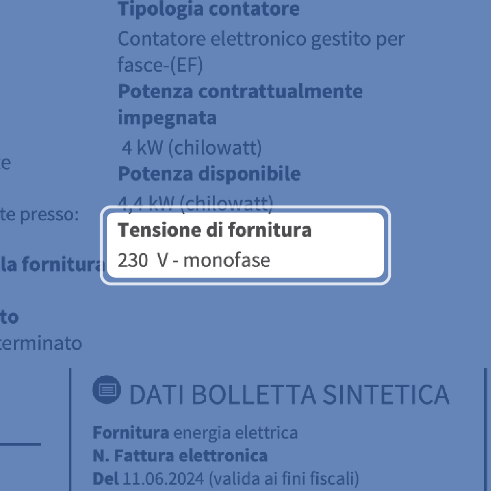 Immagine che raffigura la prima pagina della bolletta, con evidenziato il campo tensione fornitura
