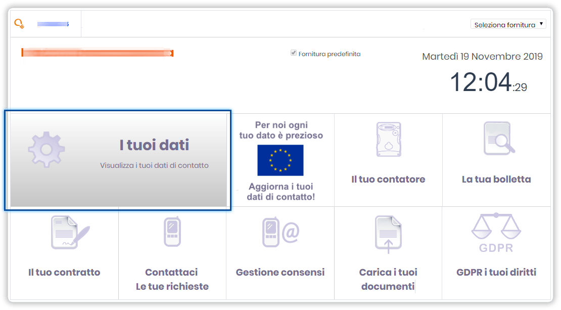 Sezione "I tuoi dati". Schermata di homepage dell'area clienti. In evidenza il pulsante "I tuoi dati"