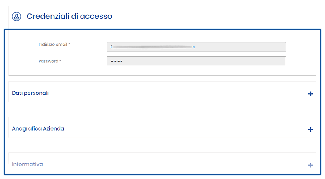 Sezione "I tuoi dati". Schermata del sistema di aggiornamento dei dati del profilo. In evidenza il form con i campi precompilati Indirizzo email e Password, e le sezioni da esplodere: Dati personali, Anagrafica Azienda, Informativa.