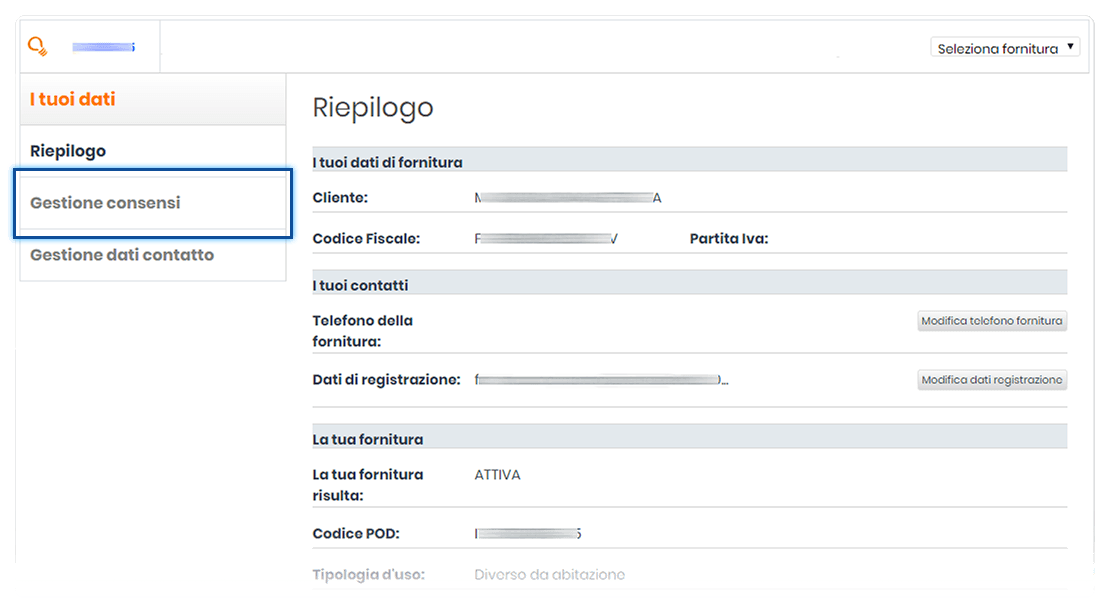 Sezione "I tuoi dati". Schermata sezione "Riepilogo". In evidenza la voce di menu laterale "Gestione consensi".		