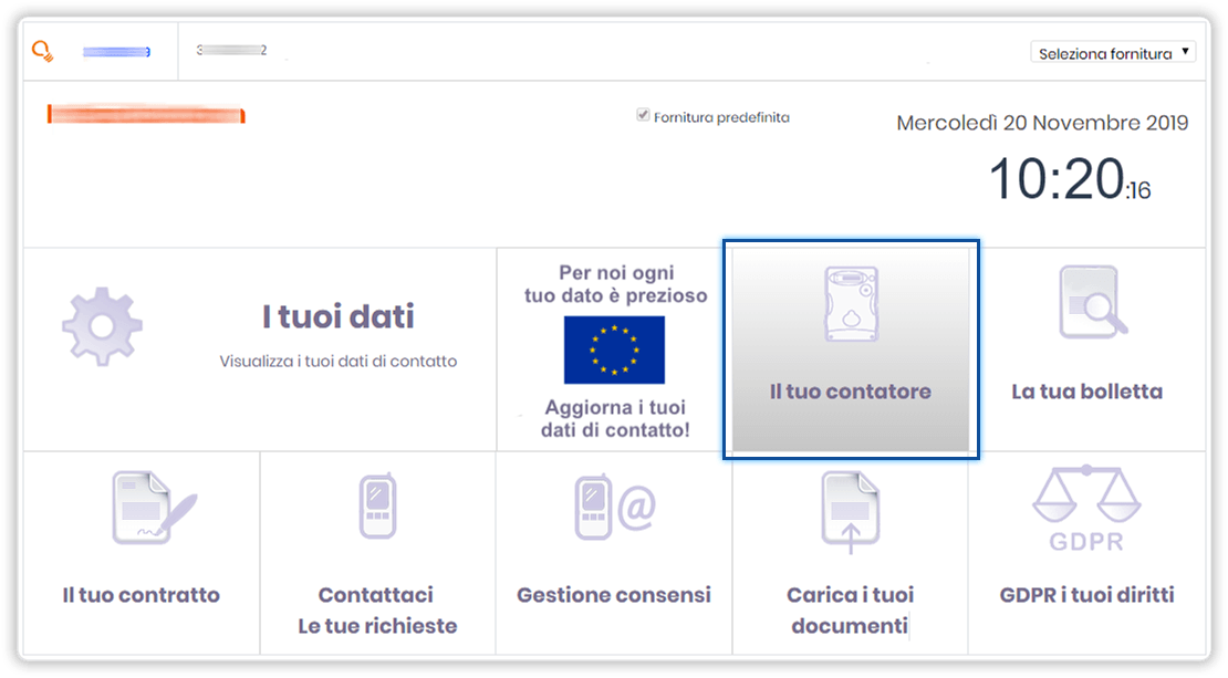 Sezione "Il tuo contatore". Schermata di homepage dell'area clienti. In evidenza il pulsante "Il tuo contatore"