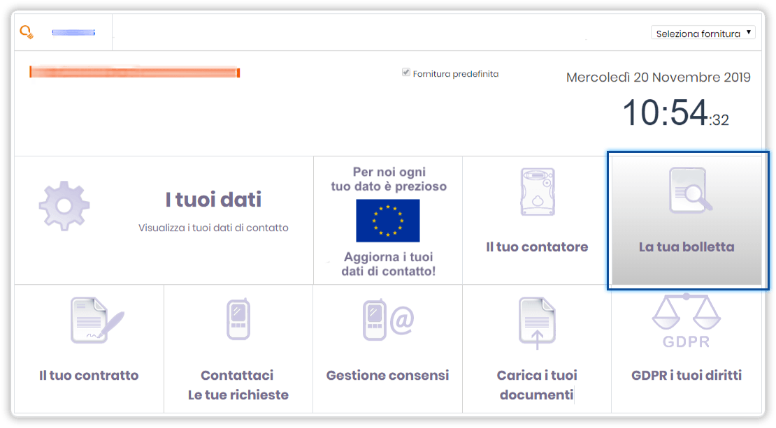 Sezione "La tua bolletta". Schermata di homepage dell'area clienti. In evidenza il pulsante "La tua bolletta"