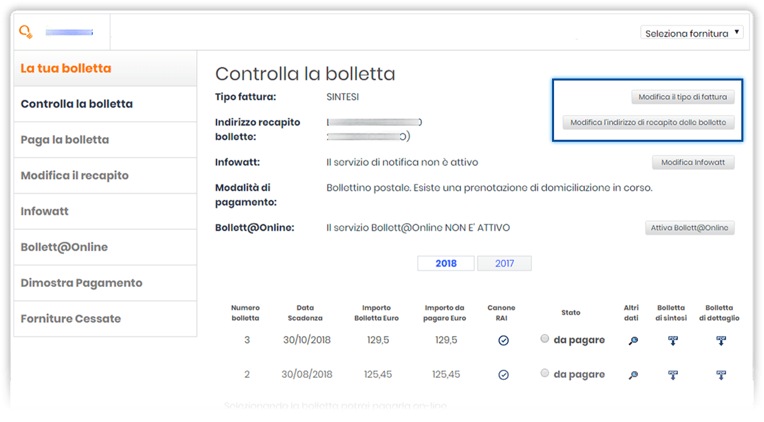 Sezione "La tua bolletta". Schermata della sezione "Controlla la bolletta" (homepage di sezione). In evidenza i pulsanti "Modifica il tipo di fattura" e "Modifica l'indirizzo di recapito della bolletta"