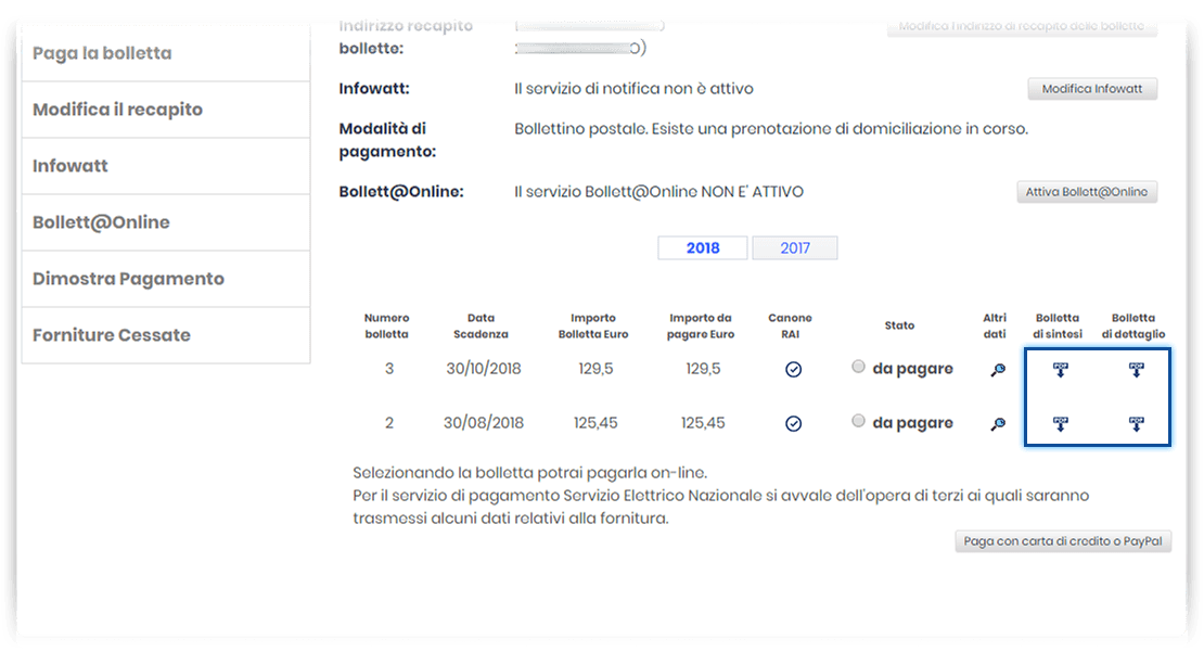 Sezione "La tua bolletta". Schermata della sezione "Controlla la bolletta" (homepage di sezione). In evidenza i pulsanti di download della bolletta di sintesi e della bolletta di dettaglio.