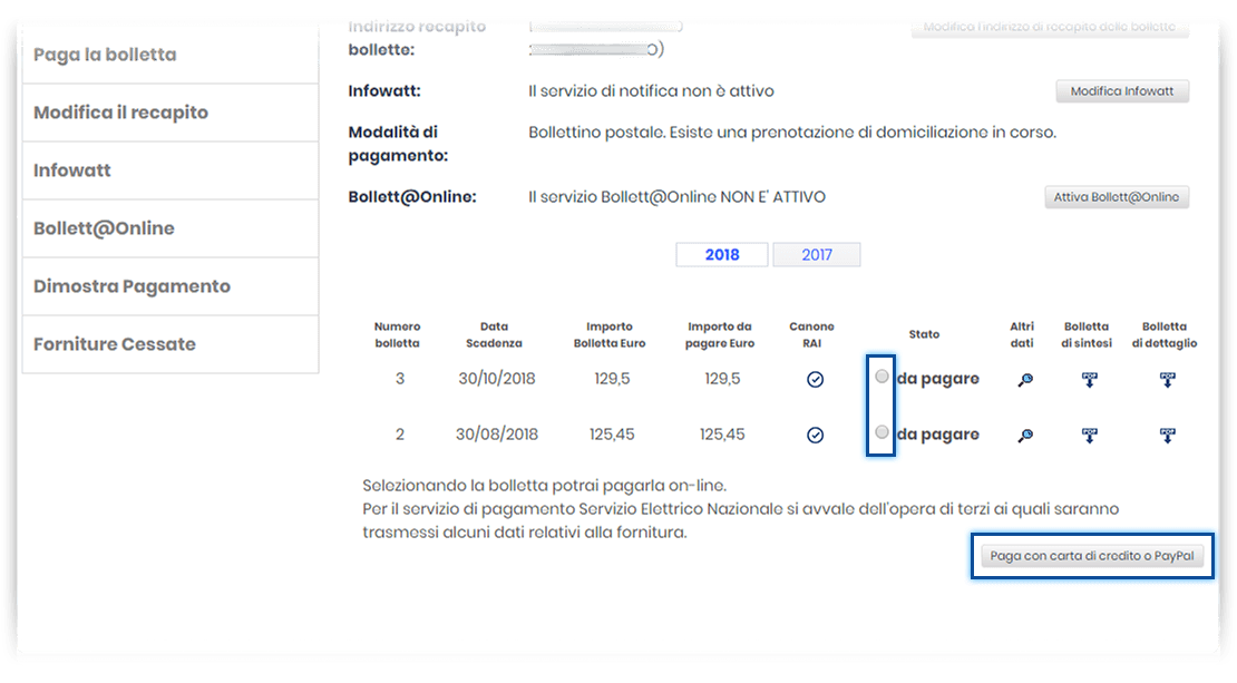 Sezione "La tua bolletta". Schermata della sezione "Controlla la bolletta" (homepage di sezione). In evidenza i radio-button di selezione della bolletta da pagare e il pulsante "Paga con carta di credito o Paypal".