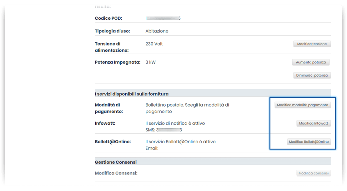 Sezione "I tuoi dati". Schermata della sezione "Riepilogo" (homepage di sezione). In evidenza i pulsanti "Modifica modalità di pagamento", "Modifica/Attiva Infowatt" e "Modifica/Attiva Bollett@online"