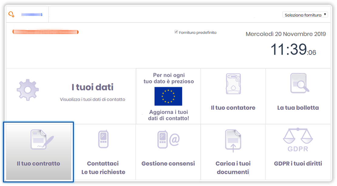 Sezione "Il tuo contratto". Schermata di homepage dell'area clienti. In evidenza il pulsante "Il tuo contratto"