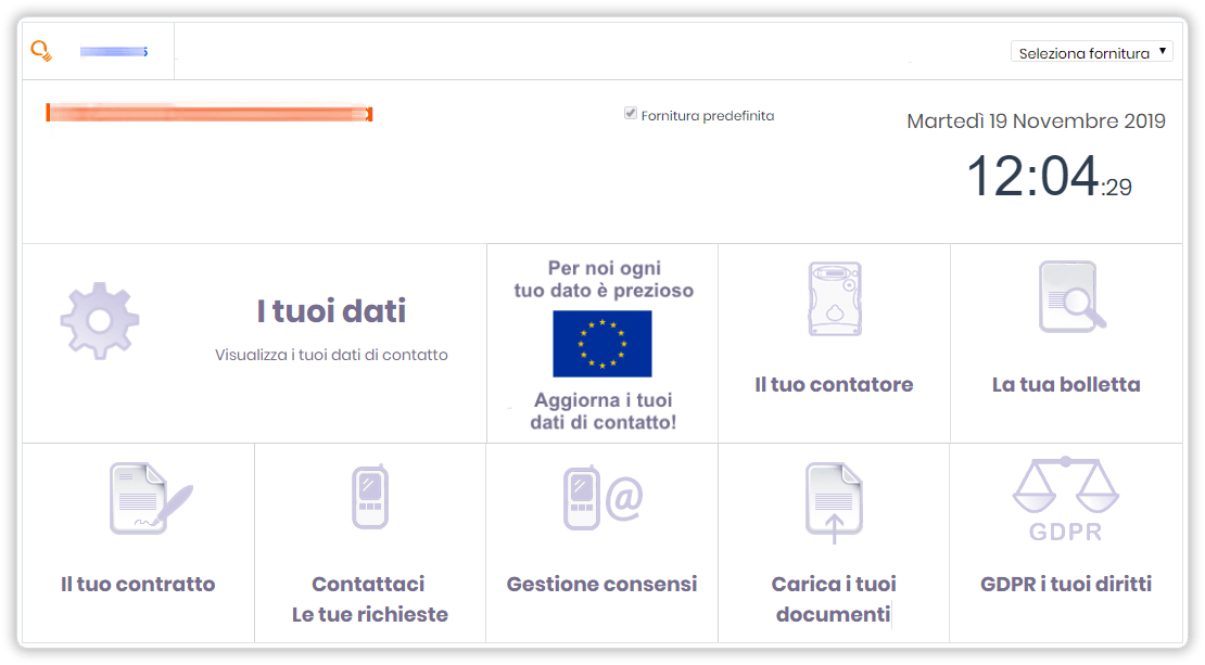 Schermata che riproduce l'homepage dell'area clienti. Le 9 sezioni dell'area sono in evidenza e sono cliccabili attraverso pulsanti. Cliccando su ciascun pulsante si apre il relativo box informativo che illustra quali informazioni sono contenute nella sezione e quali operazioni sono consentite.